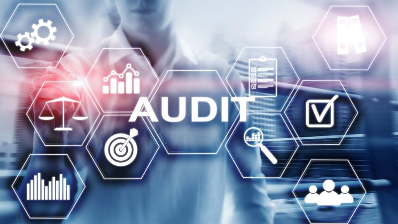 Audit business and finance concept. nalysis Annual Financial Statements, Analyze return on investment. Mixed media abstract background.