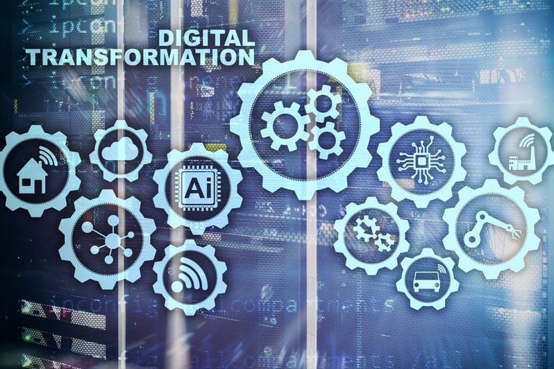 Digital Transformation Concept of digitalization of technology business processes. Datacenter background.